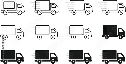 Delivery trucks in various styles, motion for fast delivery services. Speed, express service, logistics, transportation services, and online shopping 