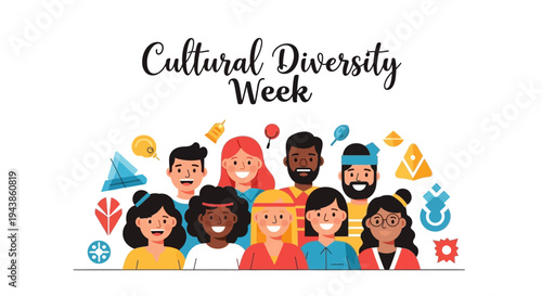 Illustration of a multicultural community concept celebrating Cultural Diversity Week with colorful vector graphics and diverse people.