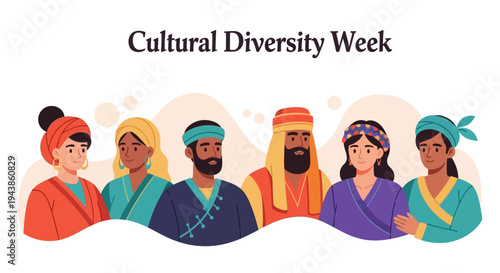 Illustration of diverse people celebrating cultural diversity week with colorful attire and accessories on a white background.