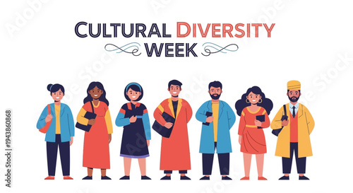 Illustration of diverse people celebrating Cultural Diversity Week with a multicultural community concept in a colorful design.