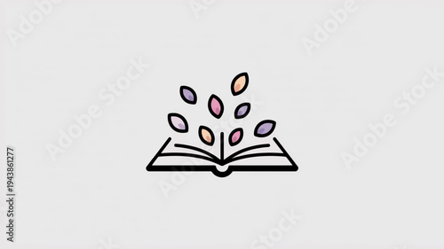 Open book with colorful leaves sprouting from pages symbolizing knowledge and growth on a light background
