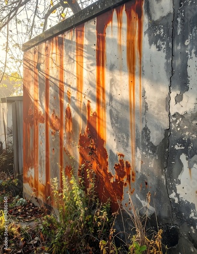 A weathered metal wall with rust stains and peeling paint