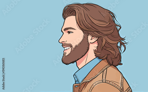 A man with long hair and a beard smiles while looking to the side. He is dressed casually in a jacket and shirt.