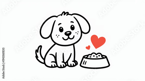 Cute dog sitting next to food bowl with heart symbol expressing love for pet food animal affection