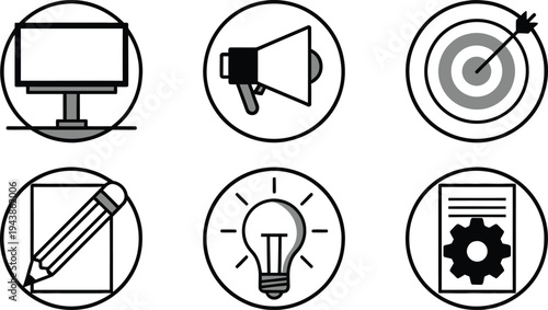 Set of 6 business icons vector, black and white