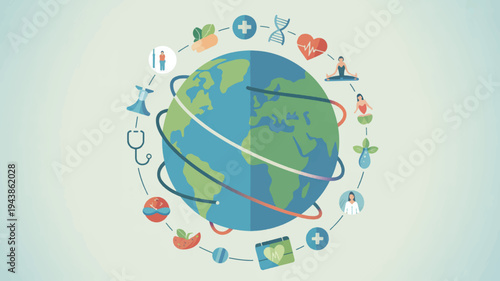 Earth surrounded by symbols of travel communication and global connections on a light background