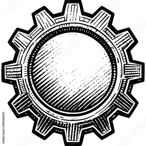 Gear Vector: A detailed black and white vector graphic of a gear, showcasing precision and mechanical design, perfect for industrial or technological themes.