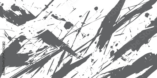 Abstract grey paint splatters and brush strokes on white background
