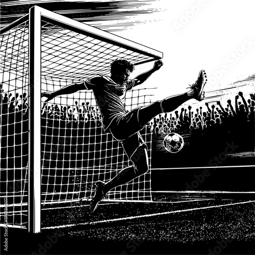 Dynamic Soccer Action: A skilled soccer player executes a powerful bicycle kick, sending the ball soaring towards the goal in a moment of athletic prowess.