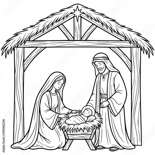 Nativity Scene Illustration: A serene portrayal of the Nativity, depicting Mary, Joseph, and the infant, cradled in a manger, bathed in the soft glow of divine light.