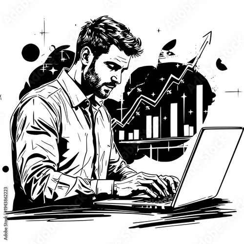 Focused Analysis: A determined professional, engrossed in his work, monitors the dynamic of growth with the digital prowess of technology.