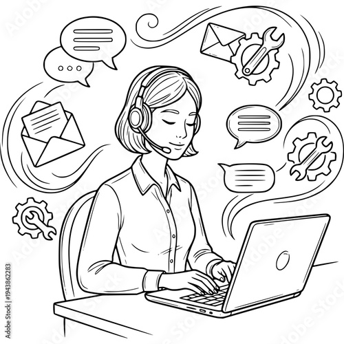 Digital Assistant in Action: An illustration of a diligent digital assistant, providing support to online customers via a laptop.