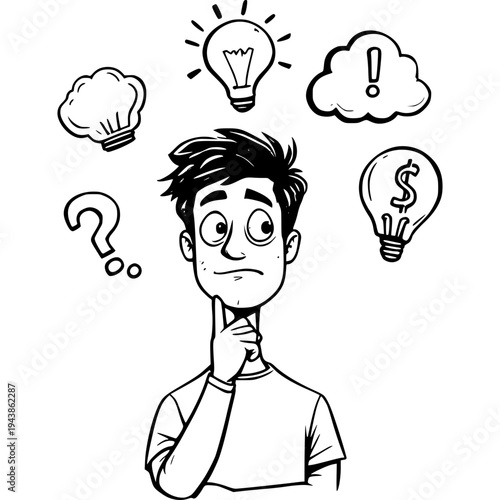 The Creative Thinker: A young man contemplates a variety of ideas, illustrated by thought bubbles representing inspiration, questions, and solutions. 