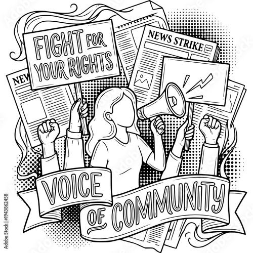 Empowering Community Voice: A visual call to action featuring a woman leading a rally for rights, emphasizing the power of collective action and media engagement.