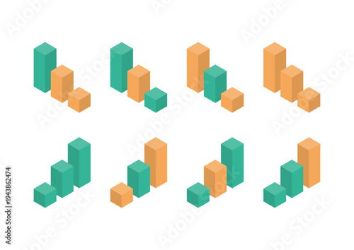 オレンジと緑の3本の棒で構成されたアイソメトリックな棒グラフのデザイン