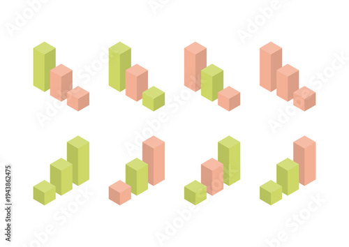 ピンクと黄緑の3本の棒で構成されたアイソメトリックな棒グラフのデザイン