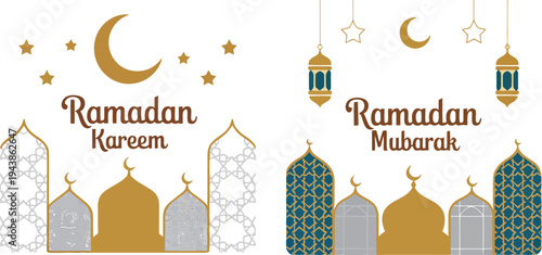 Ramadan Kareem and Ramadan Mubarak with crescent moons and mosques.