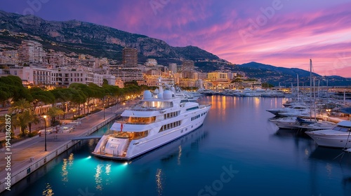 Luxury yacht docked at marina in coastal city harbor at sunset