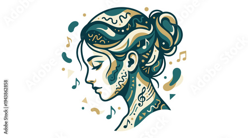 Woman Profile with Musical Notes & Abstract Patterns, Music Art & Creative Harmony, Flat Vector Teal Gold Isolated Illustration