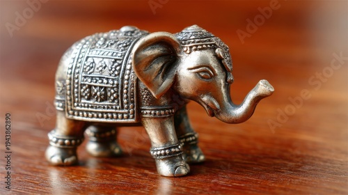 Intricately carved small silver elephant figurine with ornate detailing on a polished wooden surface