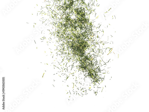 Konstfotografi Floating green grass and herb particles isolated on transparent background, fresh natural plant fragments in motion, organic botanical elements, green grass pieces scattered in air
