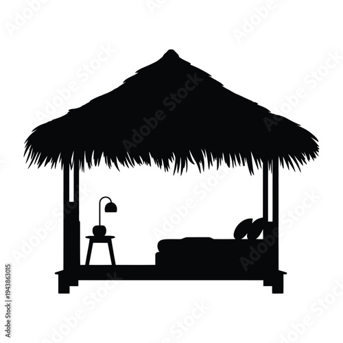 Beachfront bungalow interior Vector, Silhouette, Illustration