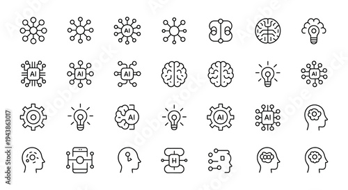 Artificial intelligence icons, AI brain and technology symbols in black and white outline