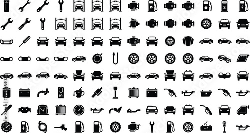 Set of 100 Black Car Service and Auto Repair Icons Vector for Automotive Business, Garage, Mechanic Shop, and Transportation Websites