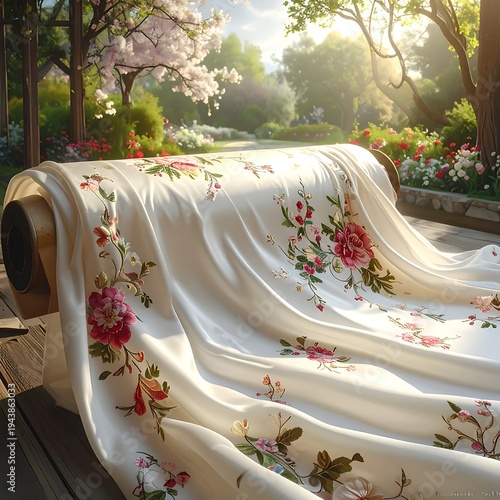 A white fabric with floral patterns lies on a deck