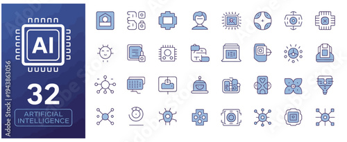 Artificial intelligence icons set, AI technology and machine learning symbols in blue
