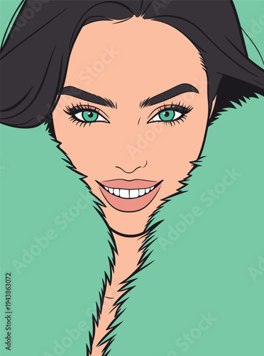 A woman with green eyes and long dark hair is smiling while wearing a fur coat in front of a bright green background.