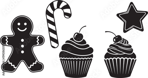 Black and white Christmas treats and decorations illustration set
