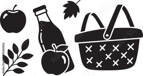 Picnic Basket with Apples and Bottle Illustration