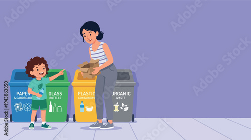 Child Boy Recycling Plastic Bottle in Sorting Bins Illustration