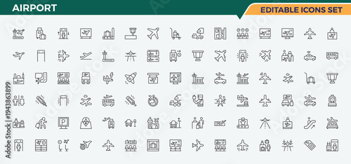 Set of Credit Coupon line icon. Includes symbols for airplane, air bus, ticket, plane. Airport icon set. Outline icons collection. Editable stroke.