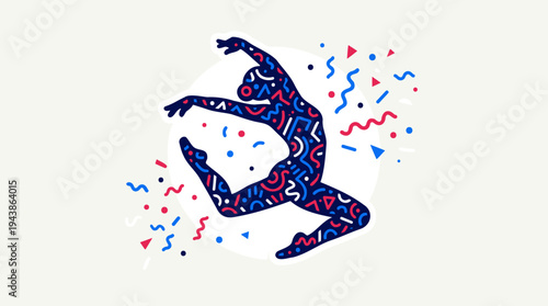 Abstract Dancer Silhouette Dynamic Jumping with Colorful Geometric Shapes, Celebration Sport Artistic Movement, Modern Memphis Style Vector Art Blue Red Flat Isolated Illustration