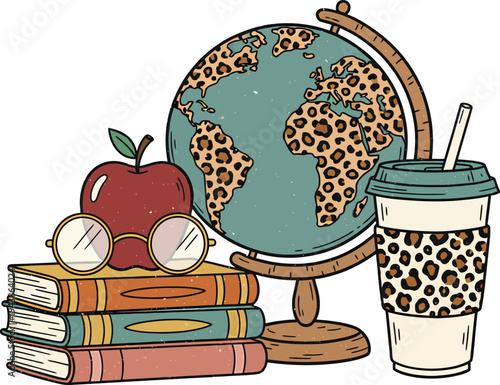 Leopard Print Globe, Stack of Books, Apple, Glasses, and Coffee Cup Vector Illustration for Education and Back to School Designs