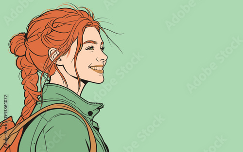 A young woman has a braid and is smiling while wearing a green jacket. She carries a backpack and stands in front of a light green background.