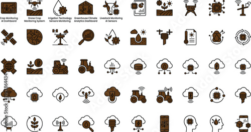 Smart agriculture technology icon set with drone crop monitoring irrigation sensors analytics dashboard livestock monitoring and precision farming