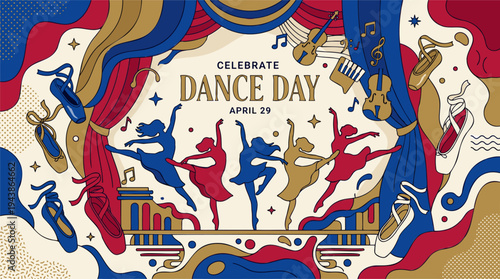Dancers Ballet Shoes Performing Stage, Music Notes International Dance Day Celebration, Abstract Flat Illustration, Red Blue Gold Vector Template