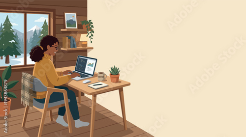 Cozy Minimalist Interior Scene with Potted Plant and Plaid Blanket on Chair