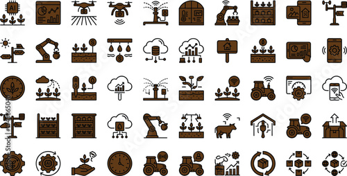 Smart agriculture technology icon set with AI analytics drones irrigation sensors greenhouse monitoring tractors and farm automation