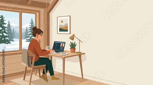 Cozy Wooden Cabin Interior with Winter Snow View through Window