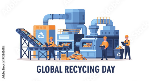 Illustration of industrial recycling process with workers on Global Recycling Day, featuring machinery and recycling symbols in a blue and orange color scheme against a white background.