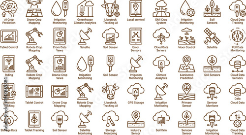Precision agriculture technology line icon set with crop prediction drones soil sensors irrigation monitoring livestock tracking and smart farming