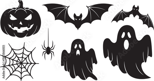 Halloween icons including pumpkins, ghosts, bats, spider webs, and spiders
