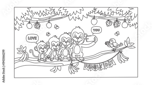 Cute monkey family taking selfie in jungle coloring page line art