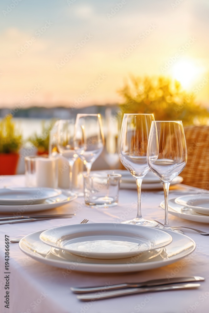 Fototapeta premium Elegant sunset dinner table setting with crystal glassware and white plates
