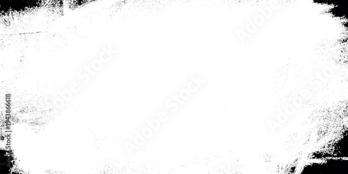 A high-contrast black and white abstract frame featuring heavy ink splatters Grungy black ink border on white background, distressed film frame texture.