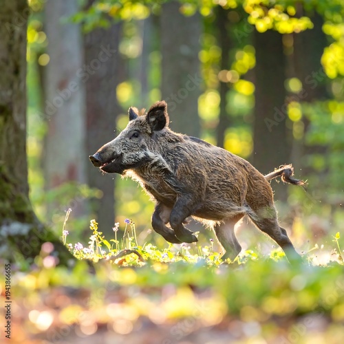 A wild boar runs through a sunlit forest with trees and greenery